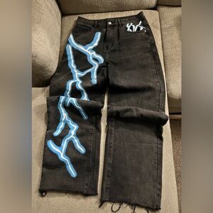Women’s Large Black/Charcoal Denim Jeans With Blue Lightning Bolt